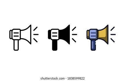 Megaphone icon. With outline, glyph, and filled outline styles