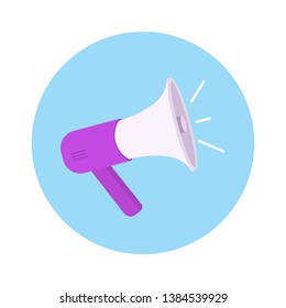 Megaphone icon. Pictogram of the object on a blue circle background. Vector flat illustration.