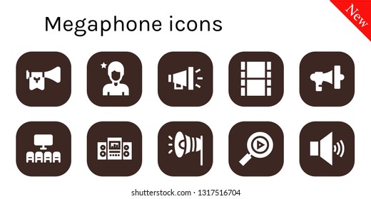megaphone icon set. 10 filled megaphone icons.  Simple modern icons about  - Trumpet, Influencer, Megaphone, Movie, Cinema, Loudspeaker, Multimedia, Volume