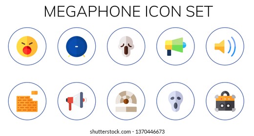 megaphone icon set. 10 flat megaphone icons.  Collection Of - shouting, brickwall, speaker, scream, theater, volume, amplifier