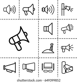 Megaphone icon. set of 13 outline megaphone icons such as volume, megaphone, tv set