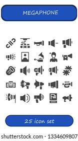megaphone icon set. 25 filled megaphone icons.  Simple modern icons about  - 3d, Trumpet, Volume, Megaphone, Influencer, Gramophone, Walkie, Pom pom, Loudspeaker, Audio, Promotion