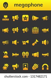 megaphone icon set. 26 filled megaphone icons.  Collection Of - Cinema, Scream, Megaphone, Movie, Protest, Amplifier, Trumpet, Volume, Horn, Influencer, Loudspeaker, Pom pom, Promotion