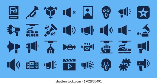 megaphone icon set. 32 filled megaphone icons. Included Propaganda, Megaphone, Volume, Trumpet, 3d, Loudspeaker, Clapper, Influencer, Scream, Pom pom, Movie, Gramophone icons