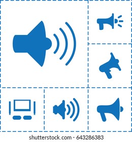 Megaphone icon. set of 6 megaphone filled icons such as volume, tv set