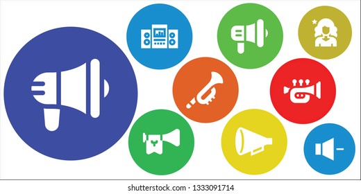 megaphone icon set. 9 filled megaphone icons.  Collection Of - Megaphone, Loudspeaker, Trumpet, Protest, Influencer, Volume