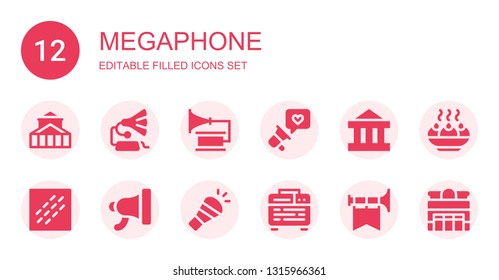 megaphone icon set. Collection of 12 filled megaphone icons included Theater, Gramophone, Megaphone, Noise, Horn, Amplifier, Trumpet, Sandesh