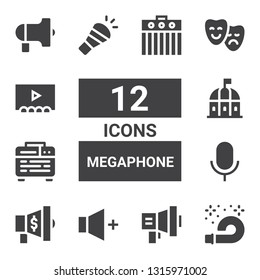 megaphone icon set. Collection of 12 filled megaphone icons included Horn, Megaphone, Volume, Audio, Amplifier, Theatre, Theater, Protest