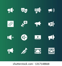 megaphone icon set. Collection of 16 filled megaphone icons included Theater, Trumpet, Protest, Megaphone, Reduce volume, Volume, Noise
