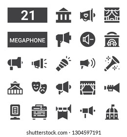 megaphone icon set. Collection of 21 filled megaphone icons included Theatre, Megaphone, Trumpet, Amplifier, Announcer, Theater, Horn, Protest, Cinema, Reduce volume