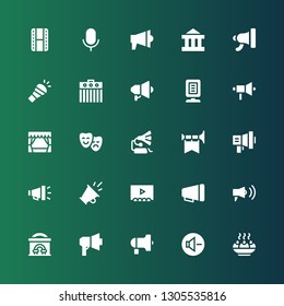 megaphone icon set. Collection of 25 filled megaphone icons included Sandesh, Reduce volume, Protest, Megaphone, Cinema, Theater, Promotion, Trumpet, Gramophone, Announcer, Amplifier