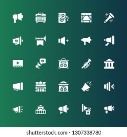 megaphone icon set. Collection of 25 filled megaphone icons included Megaphone, Gramophone, Theater, Volume, Promotion, Cinema, Trumpet, Amplifier, Horn, Loudspeaker