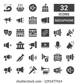 megaphone icon set. Collection of 32 filled megaphone icons included Reduce volume, Megaphone, Gramophone, Horn, Protest, Amplifier, Volume, Trumpet, Promotion, Audio, Theater