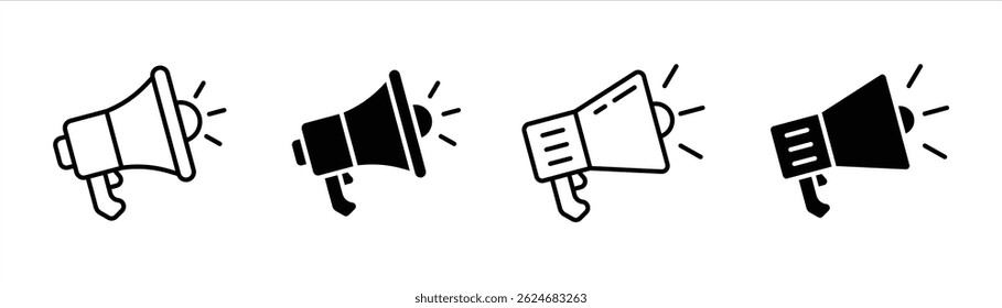 Contiene el altavoz, el anuncio, la promoción, la línea delgada de la comercialización y el icono plano para su App y Web del símbolo del signo. Ilustración vectorial
