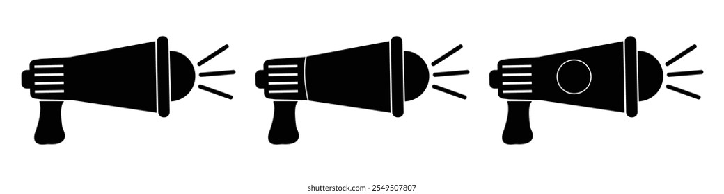 Megaphone icon set. Electric megaphone with sound or marketing advertising isolated on white background. Loudspeaker sign and symbol silhouette and linear style. Vector illustration. EPS 10