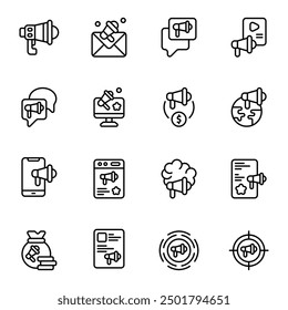 Megaphone icon set. Includes broadcast, conservation, global marketing, online marketing, money bag, target, and More. Outline icons vector collection.