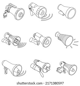 Conjunto de iconos de megáfono. Conjunto isométrico del contorno de los iconos del vector megáfono aislado en el fondo blanco