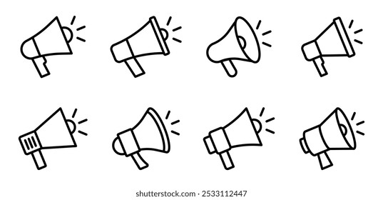 Megaphone icon set. Loudspeaker icon. Advertising and marketing icons. Editable stroke line icons. Vector illustration.