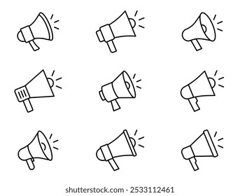 Ícone de megafone definido. Ícone de alto-falante. Ícones de publicidade e marketing. Ícones editáveis de linha de traçado. Ilustração vetorial.