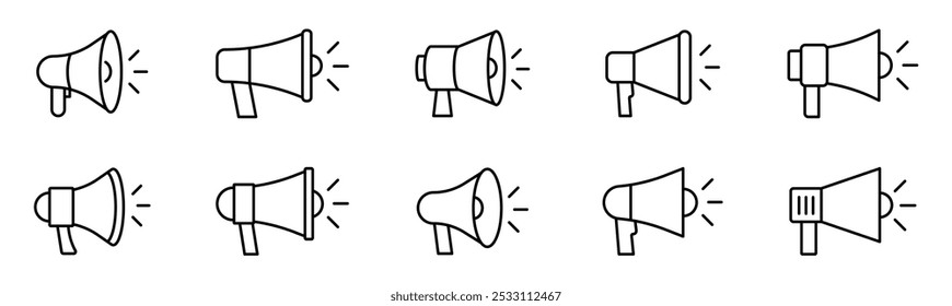 Megaphone icon set. Loudspeaker icon. Advertising and marketing icons. Editable stroke line icons. Vector illustration.