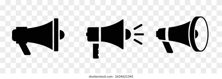 Ícone de megafone definido no plano de fundo transbordado. Alto-falante Megaphone com gravação de voz ou sirene. Conjunto de ícones de anúncio. Símbolo de alto-falante. Ícones de publicidade e marketing. Ilustração vetorial