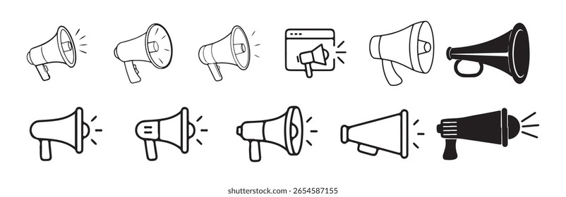Megaphone Icon Set – Outline and Solid Loudspeaker Symbols Collection