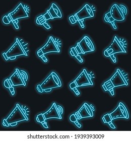 Megaphone icon set. Outline set of megaphone vector icons neon color on black