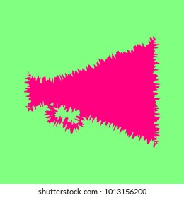 Megaphone icon. Speaking-trumpet. Mouthpiece. Vector. Magenta rough icon on greenish background. Isolated.