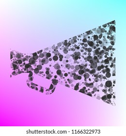 Megaphone icon. Speaking-trumpet. Mouthpiece. Vector. Gray icon with bubbled texture at color background with pink and sky blue corners.