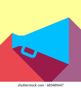 Megaphone icon. Speaking-trumpet. Mouthpiece. Vector. Deep sky blue icon with two flat violet and raspberry semitransparent shadows on canary background.