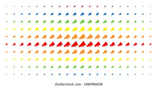 Megaphone icon spectral halftone pattern. Vector megaphone symbols are arranged into halftone grid with vertical rainbow colors gradient. Constructed for backgrounds, covers,