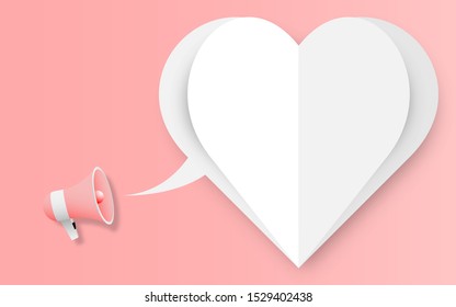 Megaphone icon symbol paper art style,  Megaphone vector for Digital marketing business concept with space for your text. Megaphone in paper cut for announce love in pink color, vector illustration 