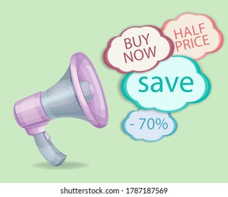 Megaphone icon talking about sales. Retro megaphone on a pink background. Vector illustration