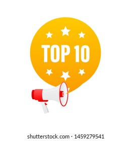 Megaphone icon. Top 10 colorful label on white background.