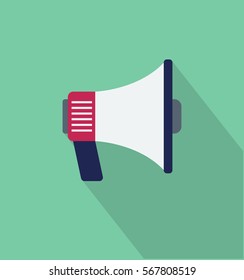 Megaphone icon in trendy flat style. Web site page and mobile app design element. Flat design in stylish colors. Isolated. Long Shadow. 