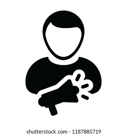 Megaphone icon vector male person profile avatar symbol with megaphone for campaign in glyph pictogram illustration