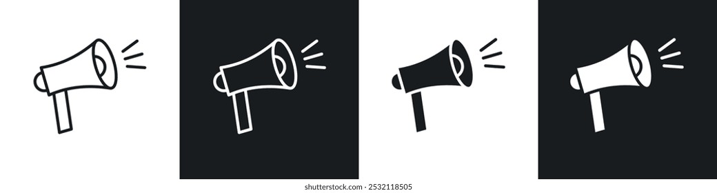 Conjunto de íconos de Vector de megáfono con estilo relleno y delineado en negro.