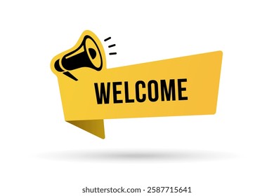 Megaphone icon with welcome speech bubble cartoon style. Banner for business, marketing or advertising. Vector illustration EPS10. Welcome speech white banner with black frame on yellow background.