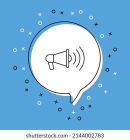 Megaphone Symbol in weißer Sprachblase mit dekorativen Elementen auf blauem Hintergrund. Moderne grafische Ankündigung mit dünnem Liniensymbol. Vektorgrafik EPS10