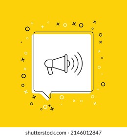 Megaphone icon in white speech bubble with decorative elements on a yellow background. Modern graphic announcement with thin line symbol. Vector illustration EPS 10