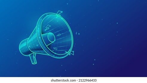 Megaphone icon. Wireframe line, and triangle design. 3d model. Vector illustration