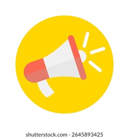 Megaphone icon in yellow circle on white background.