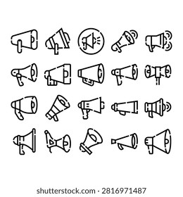 Megaphone icons collecting various styles representing loud public announcements, voice amplification, and communication tools for marketing campaigns and attention grabbing messages