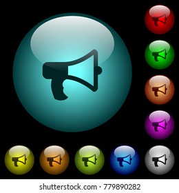 Megaphone icons in color illuminated spherical glass buttons on black background. Can be used to black or dark templates