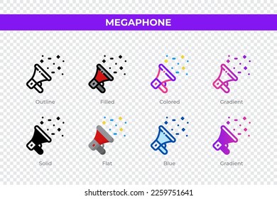Megaphone-Symbole in einem anderen Stil. Megaphone-Symbole gesetzt. Feiertagssymbol. Verschiedene Stilsymbole gesetzt. Vektorgrafik