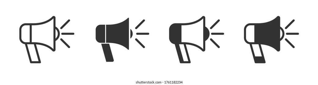 Iconos Megaphone en cuatro versiones diferentes en un diseño plano