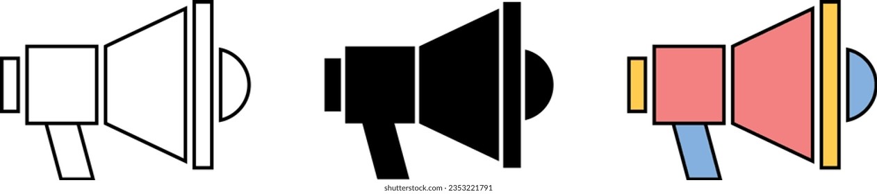 Megaphone Symbole einzeln, ausgekleidet und farbig. Kollektion der Lautsprechersymbole. Vektorgrafik