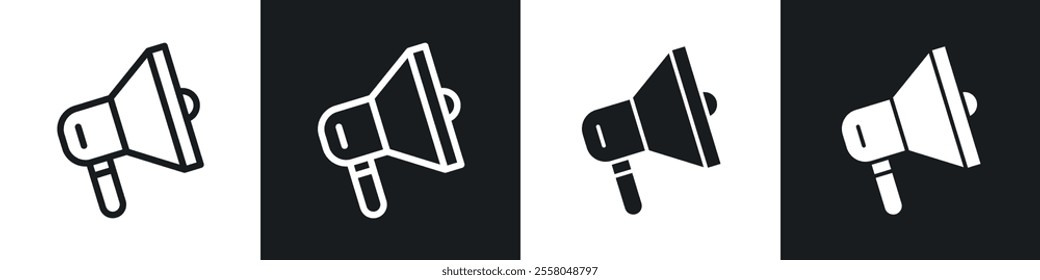 Megaphone icons pack in black and white filled and outlined versions.
