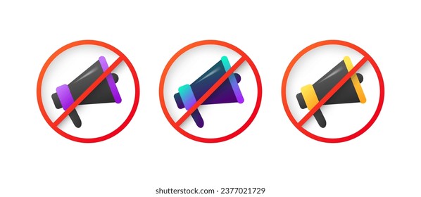 Megaphone icons are prohibited. Flat, color, megaphone prohibited, red line and megaphone. Vector icons