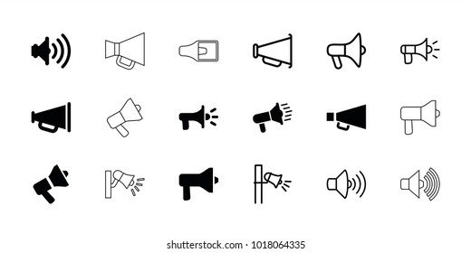 Megaphone icons. set of 18 editable filled and outline megaphone icons: megaphone